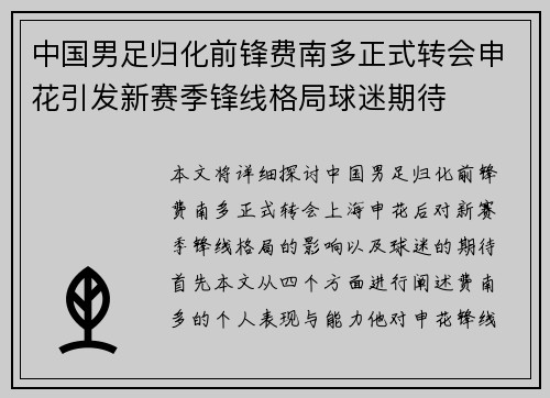 中国男足归化前锋费南多正式转会申花引发新赛季锋线格局球迷期待